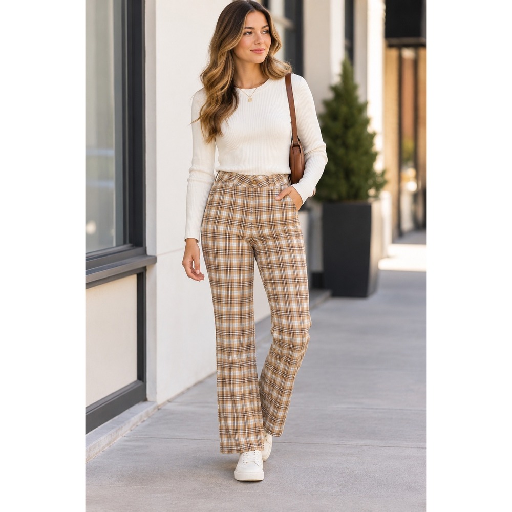 Hollister Brown Plaid High Rise Baggy Pants W23 00R Wide Leg Trouser